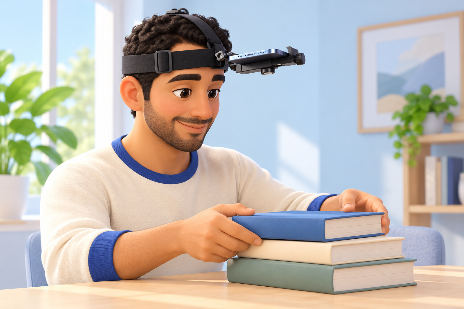Ilustración de una persona organizando libros mientras graba con un celular montado en la cabeza